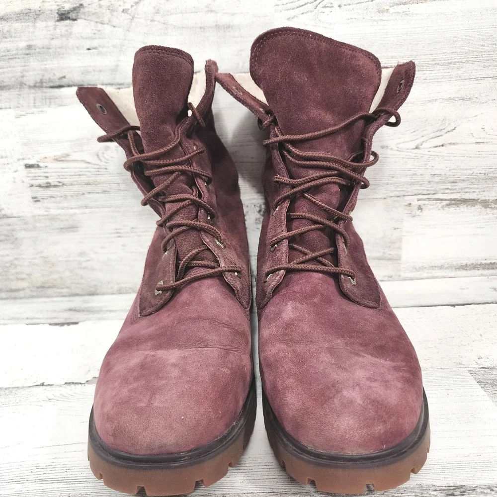 Timberland Boots Womens 10 Burgundy Suede Shearling Lined Lace Up Mid Calf